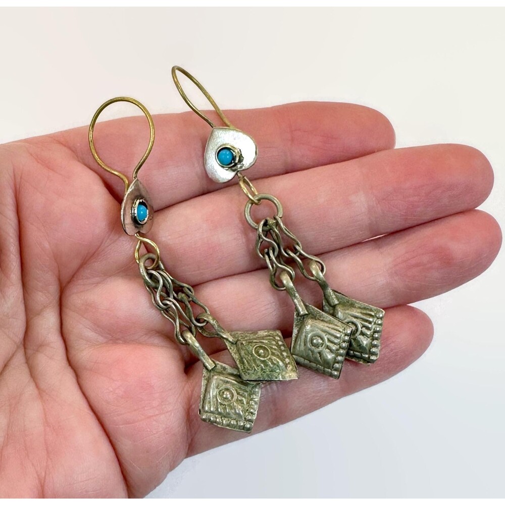 Vintage Boho Earrings, Chains, Afghan, Middle Eastern, Silver, Belly Dance